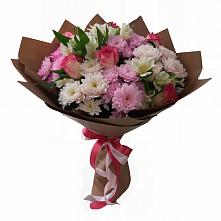Букет Розовое очарование в Петрозаводске Букет цветов из:  Хризантемы, Альстромерии и Розы в Петрозаводске