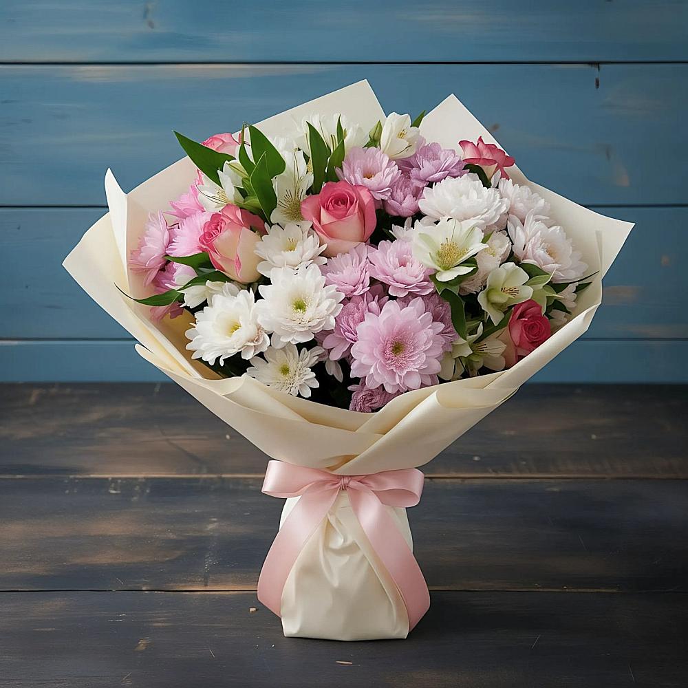 Букет Розовое очарование в Петрозаводске Букет цветов из: Хризантемы, Альстромерии и Розы в Петрозаводске